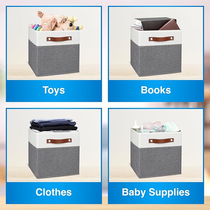 11 Inch Cube Storage Bin - 4 Pack - Linen Fabric 11x11 Cube Storage Bins for Bedroom, Living Room, Clothes and Toys; Foldable, Dual Leather Handles - Image 5