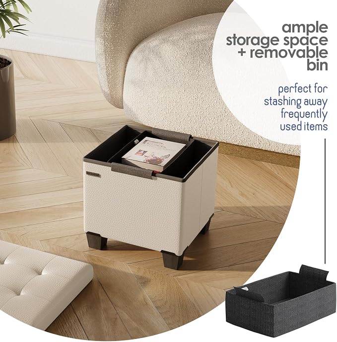 Storage Ottoman Cube with Small Bin, 15-in Square Ottoman with Storage for Living Room and Bedroom, Small Ottomans Foot Rest, Leather Foot Stools Ottomans Max 330lbs, Beige - Image 3