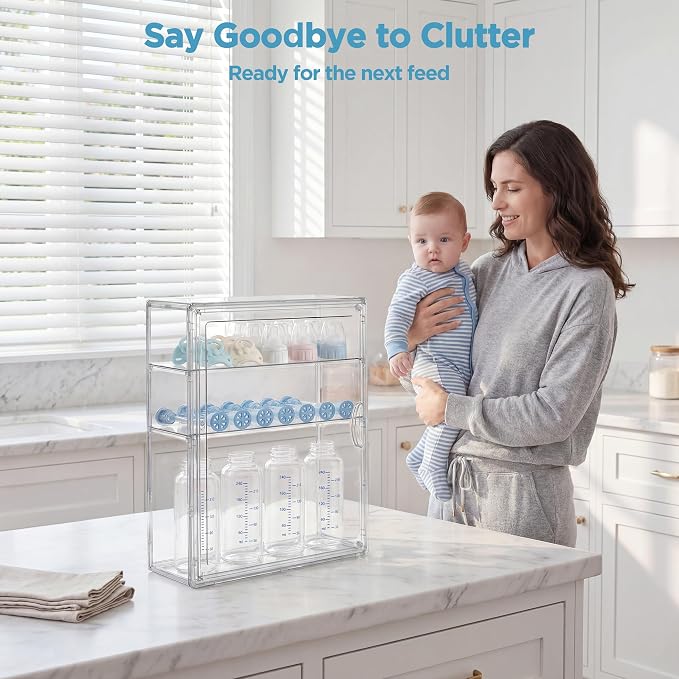 HBlife Baby Bottle Storage Organizer for Countertop Cabinet, 3 Tiers Adjustable Clear Acrylic Bottles Storage Station Case Box Container with 2 Removable Dividers and Magnetic Door, Medium - Image 5