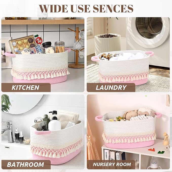 2 Pack Storage Basket for Shelves, Boho Cotton Rope Storage Bins with Heavy Tassel, Shelf Baskets Large Woven Baskets for Organizing, Cube Organizer Bins, Baby Laundry Basket for Clothes, Toys, Pets - Image 7
