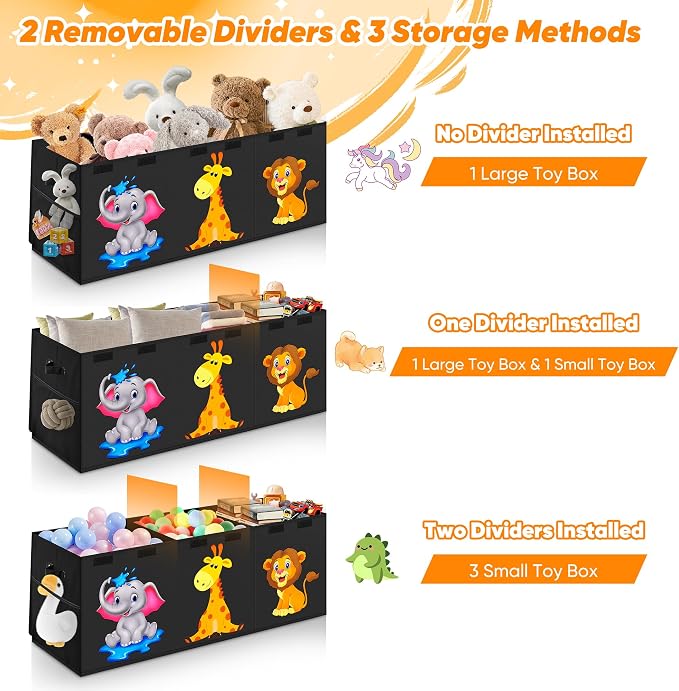 Extra Large Toy Box, Collapsible Storage Organizer with Lids, 40"x14"x16" | Black Cute Animals Kids Toy Chest Storage Bins Boxes for Boys Girls, Bedroom Nursery Playroom Organization - Image 6