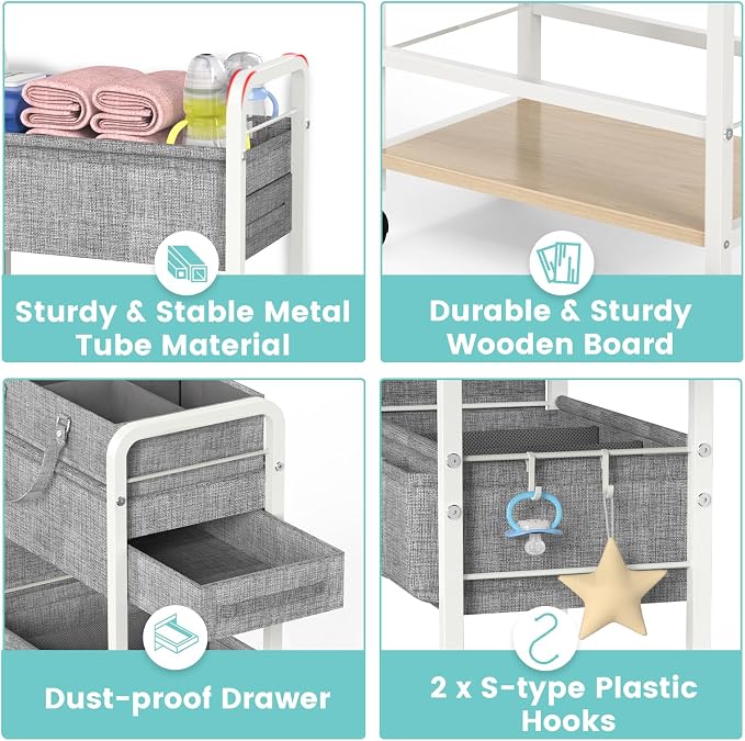 LIDTOP 2In1 Diaper Caddy & 4-Tier Rolling Diaper Cart, Diaper Caddy Organizer Cart with Dividers & Drawer, Mobile Metal Bedside Cart for Baby Nursery Essentials Storage, Large Capacity, White - Image 7