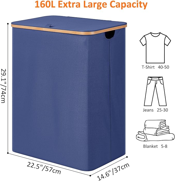 efluky Laundry Hamper with Lid, Trio Laundry Basket with 2 Removable Bags, 3 Section Laundry Bin with Bamboo Handles for Bathroom, Bedroom & Laundry Room, 160L (42.3 Gallon) Blue - Image 2