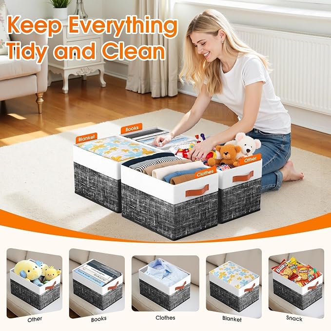 Collapsible Storage Baskets for Shelves,14"x10", 4 Pack Foldable Fabric Storage Bins with Double Leather Handles, Large Baskets for Organizing Books, Clothes, White & Black - Image 3