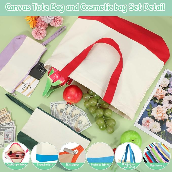 Sanwuta 30 Pcs Canvas Tote Bags Bulk with Zipper Cosmetic Pouch,Colorful | 18.5" Reusable Cotton Shopping Bag with Handle for DIY Craft - Image 4