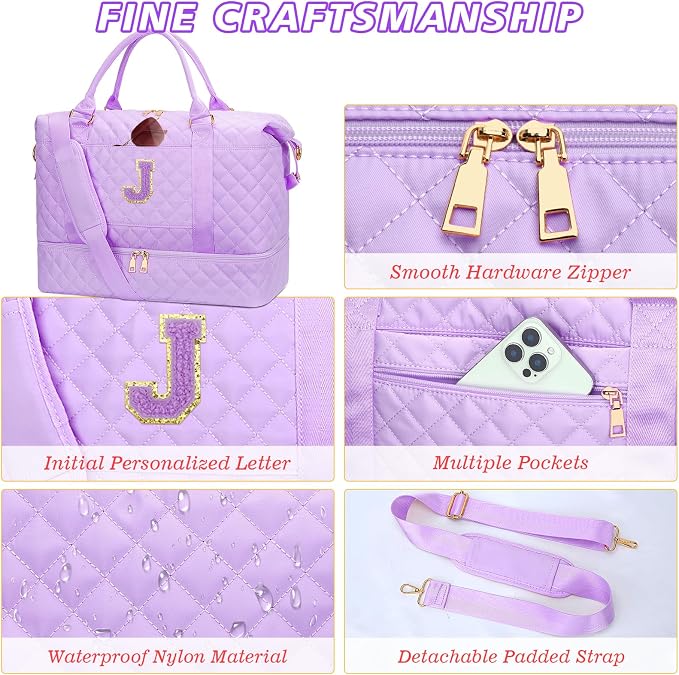 Personalized Gifts Spend The Night Bags for Women(Purple,J) | Birthday Gifts for Girls-Overnight Bags with Makeup Bag-Weekend Bags with Shoe Compartment - Image 6
