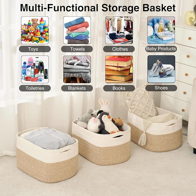 ICERZCZ Large Storage Baskets for Organizing Shelves, Woven Cotton Rope Bins for Baby Nursery Organization, Book Toy Towel Organizer, 17"x13"x9.5", 3 Packs, Off White & Brown - Image 4