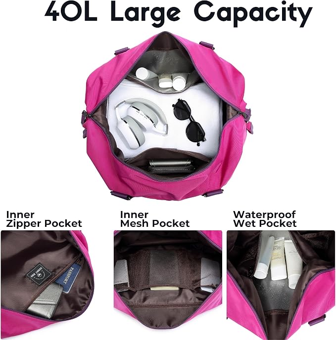 Duffel with Utility Pouch, 40L Weekender Overnight Bag with Shoe Compartment for Travel and Sports (Purple) - Image 3