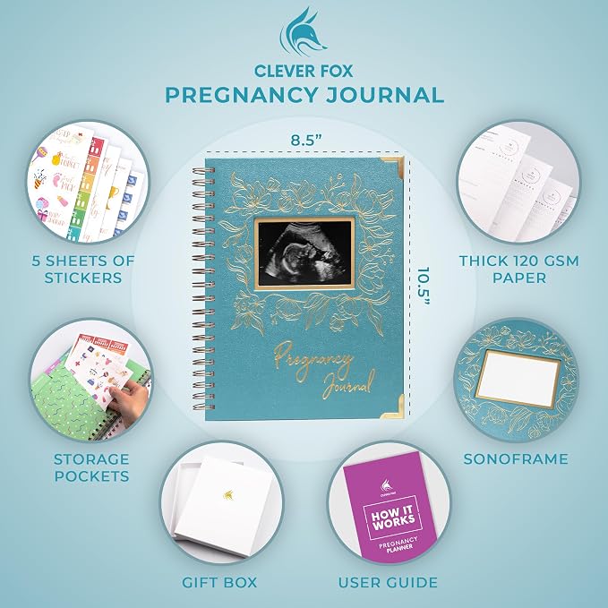 Clever Fox Pregnancy Journal, Expecting First Time Mom Planner Aquamarine | SonoFrame edition, Organized pregnancy & baby diary with weekly countdown calendars & checklists, memory book 9 x 10.5 in - Image 2
