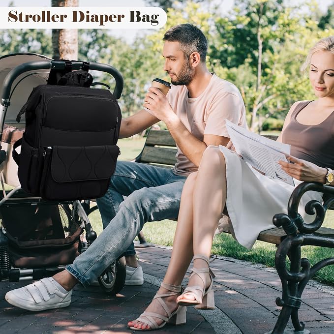 miss fong Diaper Bag Travel Diaper Backpack with Diaper Changing Pad-Black | Large Capacity ,12 Pockets Luggage Sleeve Stroller Straps Convertible Mommy Diaper Backpack for Moms Newborn Essentials - Image 6
