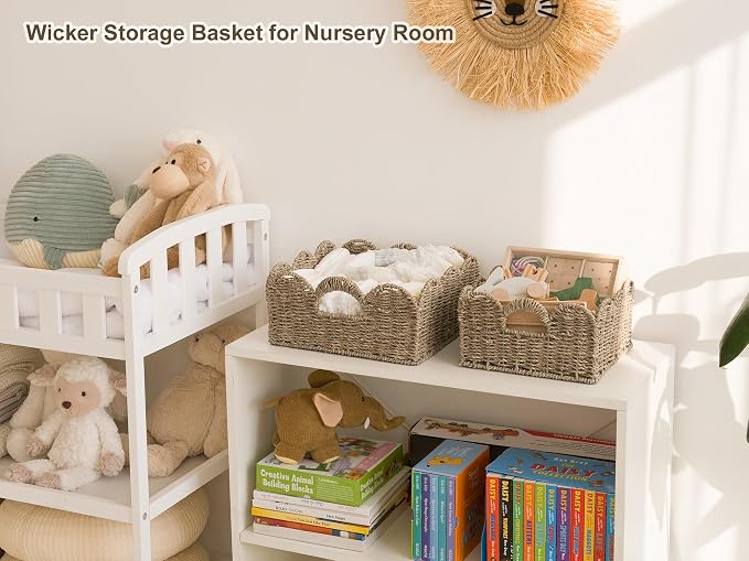 StorageWorks Scalloped Wicker Basket, Hand-woven Rattan Baskets with Built-in Handles, Seagrass Basket for Organizing and Decor, 2 Pack | Woven Baskets for Storage, Wicker Storage Baskets for Shelves, Large Wicker Basket, Shelf Basket with Handles, 2 Pack - Image 6