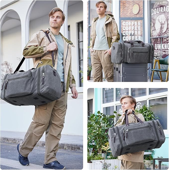 EKOROMIER Large Canvas Duffle Bag for Travel, Expandable 70L Weekender bags | Features Luggage Trolley Sleeve, Multi-Pockets for Traveling, Durable Overnight Carry-On Bag for Men & Women - Grey - Image 2
