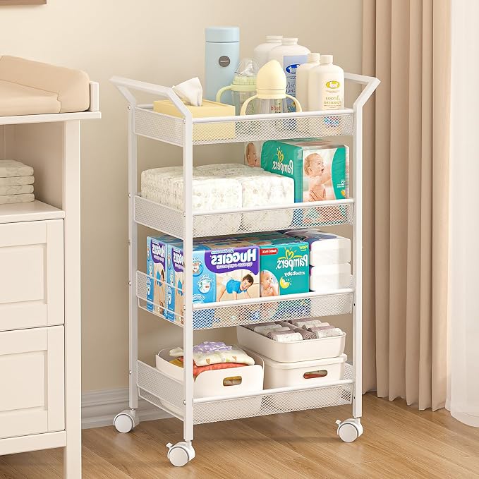 2 Pack Baby Diaper Caddy Cart, 4-Tier Diaper Caddy Organizer and Storage, Rolling Utility Cart for Baby Supplies, Diaper Cart with Wheels for Bedroom, Nursery, Changing Table, White - Image 3