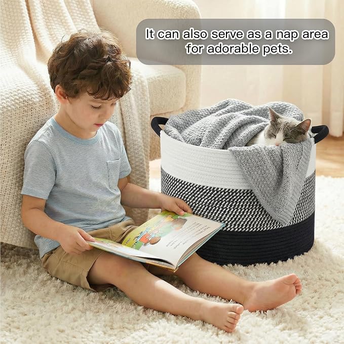 Artfeel 100L Large Cotton Rope Basket, Decorative Woven Blanket Storage for Living Room, Boho Toy Storage & Toy Box for Kids, Versatile Laundry Basket & Nursery Hamper for Blankets(Black) - Image 3