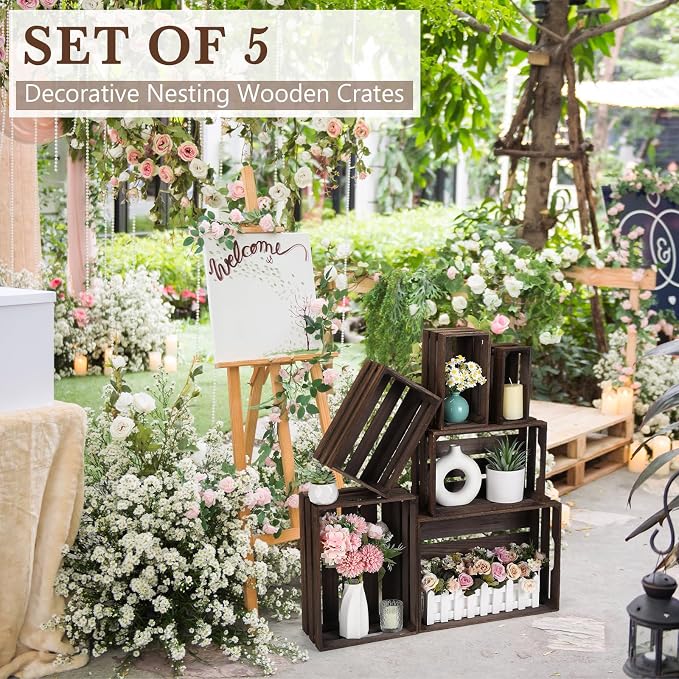 CroBlissful 6 Pcs Decorative Wood Crates for Storage Display Rustic Nesting Crates with Handle Farmhouse Wooden Storage Container Boxes for Wedding Baby Shower Birthday Party(Vintage Dark Brown) - Image 4