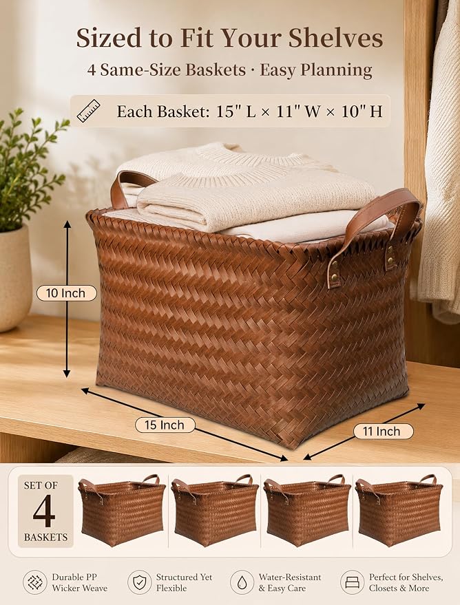 Wicker Storage Baskets, 4 Pack Woven Baskets for Shelves, Brown | PP Rattan, Water-resistant Wicker Basket, Large Baskets with Faux Leather Handles for Blanket, Laundry Organizer, Room Decor - Image 2