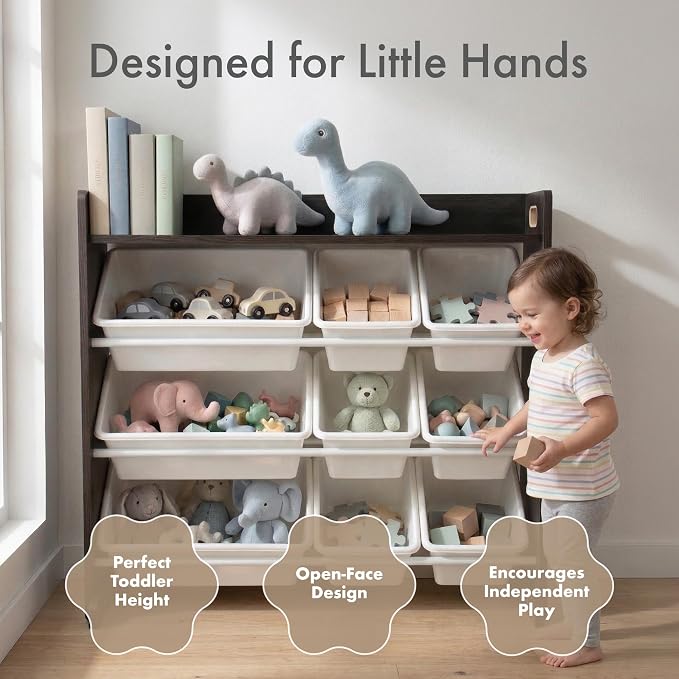 Humble Crew Kids Toy Organizer with Display Shelf, 9 Bins, 3 Tier Storage | Sturdy wood and steel toddler shelf, removable BPA-free containers, wall anchor anti-tip safety kit for bedroom or classroom - Image 3