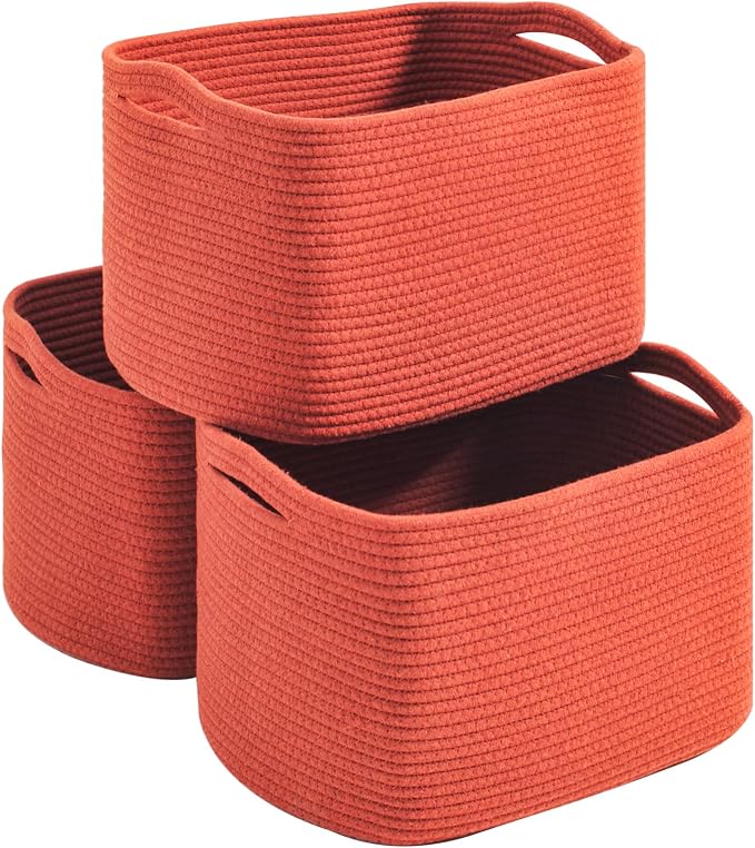 Storage Baskets for Organizing Shelves, Woven Cotton Rope Basket for Storage, Dog Toy Baskets Storage Kids, Cute Shelf Basket for Living Room Bedroom, 14.8"×11"×9.5", Pack of 3, Brick Red by Unknown