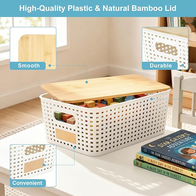 Small Plastic Storage Bins with Bamboo Lids 5.2qt Stackable Box Basket Pantry Decorative Containers Cute with Labels for Organizing Desktop Closet Office Cream White of 6 packs 10*7.2*4.1" - Image 2