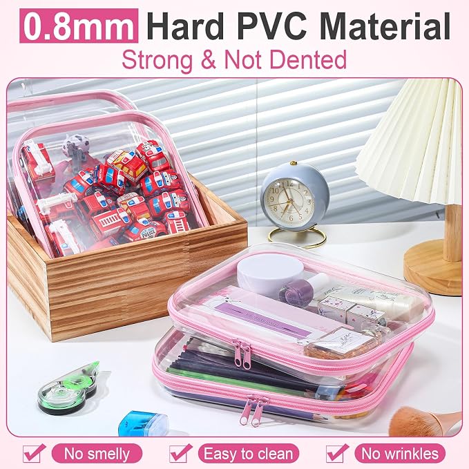 Sanwuta 6 Clear Hard Zipper Case,Pink,9.84 X 7.87 X 2 Inch | Pencil Case Pouches ,Makeup Bag,Plastic Toiletry Diaper Bag ,Travel Toy Storage,Waterproof Organizer Bins - Image 4