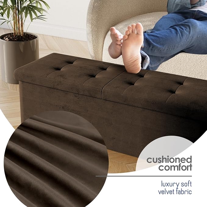 Storage Ottoman Bench with Bins, 43-in Storage Bench for Bedroom End of Bed, Folding Foot Rest Ottoman for Living Room Max 660lbs, Velvet Ottomans, Brown - Image 7
