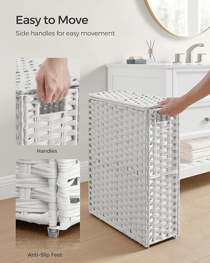 SONGMICS Slim Laundry Hamper with Lid, 14.5 Gallon (55L) Rattan Clothes Laundry Basket with Lid and Handles, Foldable, Removable Liner, Cloud White ULCB164W01 - Image 4