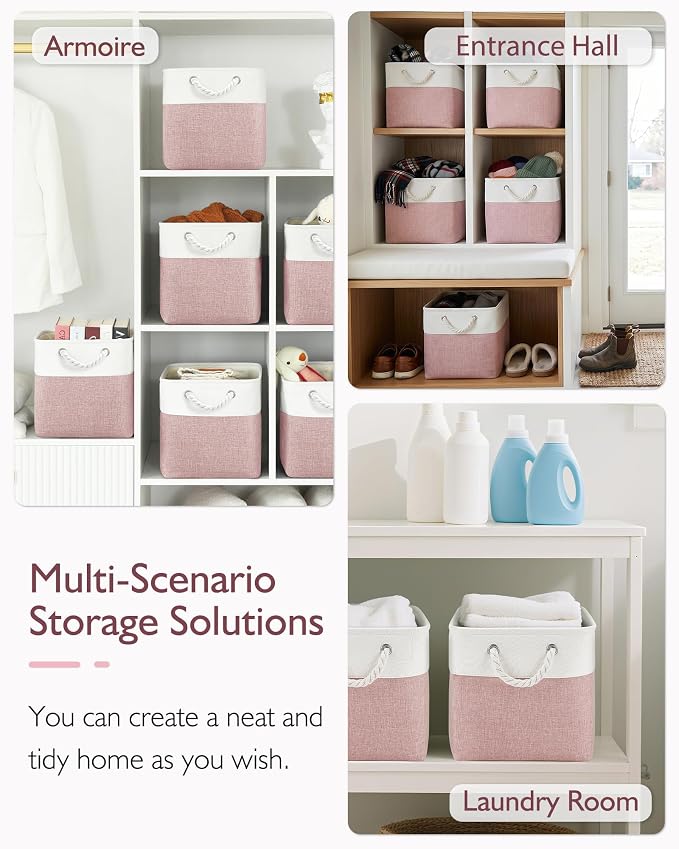 Patvingot 13-Inch Fabric Cube Storage Bins with Handles,4 Pack,Foldable | For cube shelves and closets,keeps grouped for everyday access,reinforced opening and fold-flat storage,white and pink - Image 6