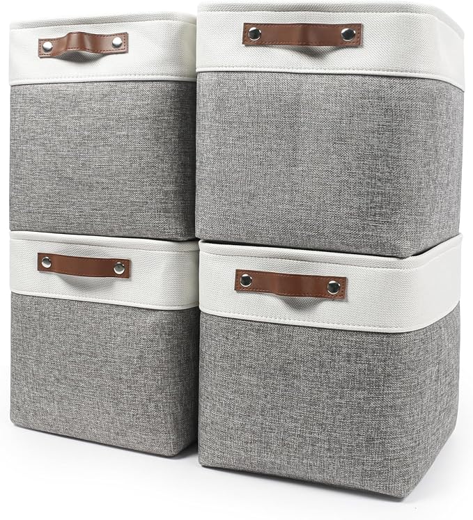 13x13 Cube Storage Bins, Collapsible Fabric Storage Box, 4 Pack Closet Baskets with Handles for Organizing, Shelf, Toys, Clothes, Home, Office, Nursery (Grey&White) by Bagnizer