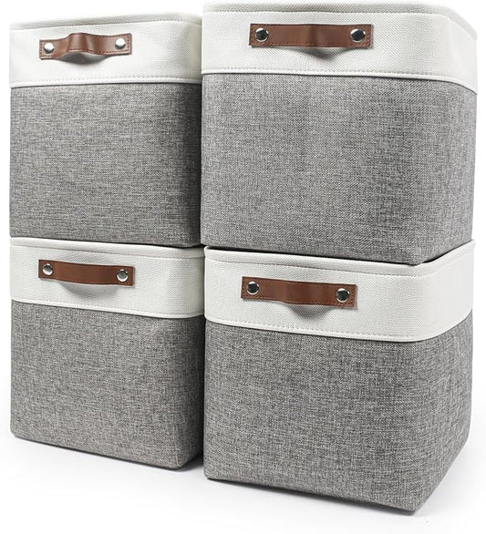 13x13 Cube Storage Bins, Collapsible Fabric Storage Box, 4 Pack Closet Baskets with Handles for Organizing, Shelf, Toys, Clothes, Home, Office, Nursery (Grey&White) by Bagnizer