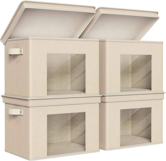 Univivi Fabric Storage Bins with Lids for Closet, 4 Pack, Beige | Fabric Foldable Storage Boxes, Sturdy Collapsible Storage Bins with Clear Window, Storage Bins for Home, Closet, Shelves by Univivi