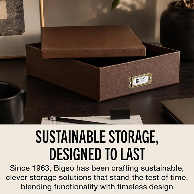 Bigso Oskar Fiberboard Document Storage Box with Lid for A4 and Letter Size Papers - Stylish, Sturdy, and Stackable Keepsake Box with Label Holder - W10.2in x D13.8in x H3.3in - Recycled Leather - Image 7