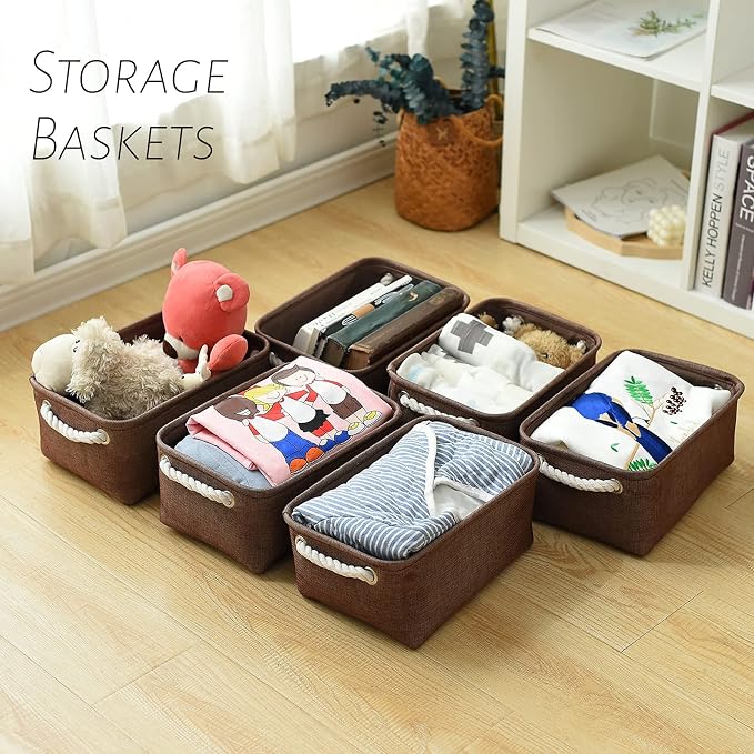 Storage Basket for Organizing - 12x8x5 inch Small 6 Pack Collapsible Storage Bin for Shelves with Handles, Canves Storage Box for Cloth Closet Organizer Gift Toy (Brown) - Image 5