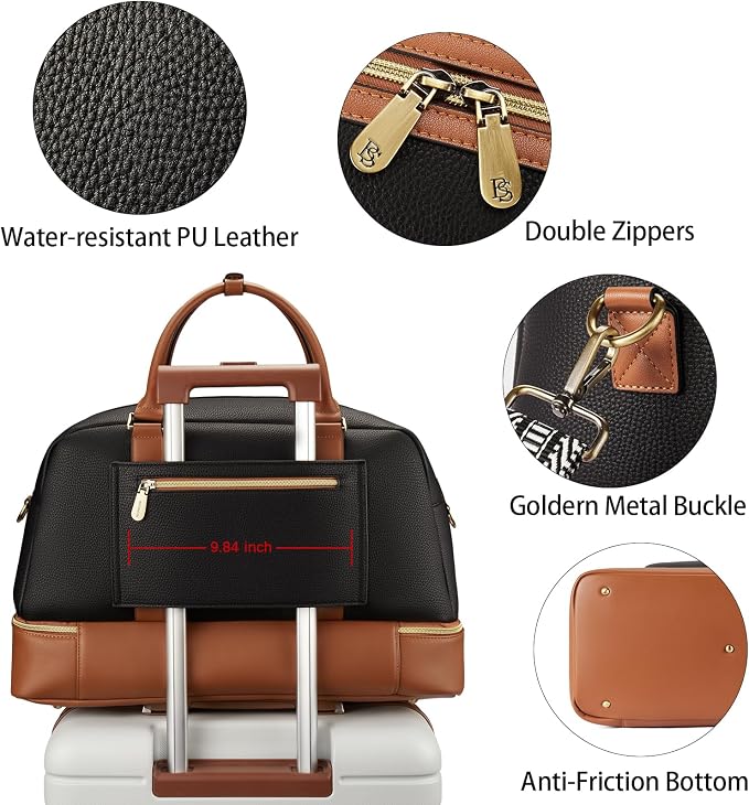 BOSTANTEN Weekender Bags for Women Travel Leather Overnight Bags | Shoe Compartment, Trolley Sleeve, Fits Under-seat, Airline-Friendly Carry-on Size, Designer, Weekend Getaways, Business Trip - Image 5
