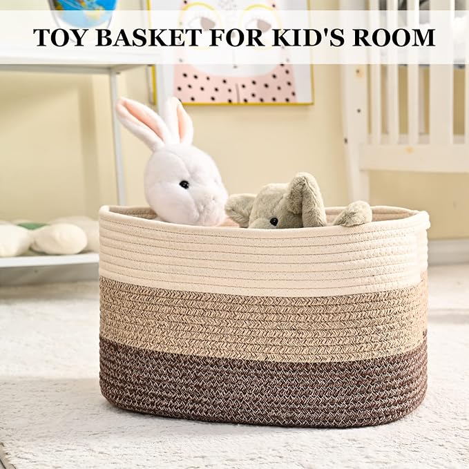 Cotton Rope Storage Baskets for Organizing - 3 Pack, 15"x10"x9" Woven Baskets for Storage, Shelf, Towel, Toys, Nursery, Laundry (White/Brown) - Image 6