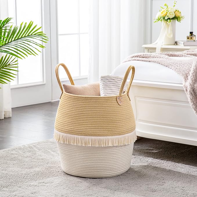 KAKAMAY Woven Baskets for Storage(17"x17"),Large Cotton Rope Woven Baby Laundry Hamper,Collapsible Laundry Basket, Blanket Basket for Organizing Living Room,Nursery,Pillows,Toy Chest(Beige) - Image 3