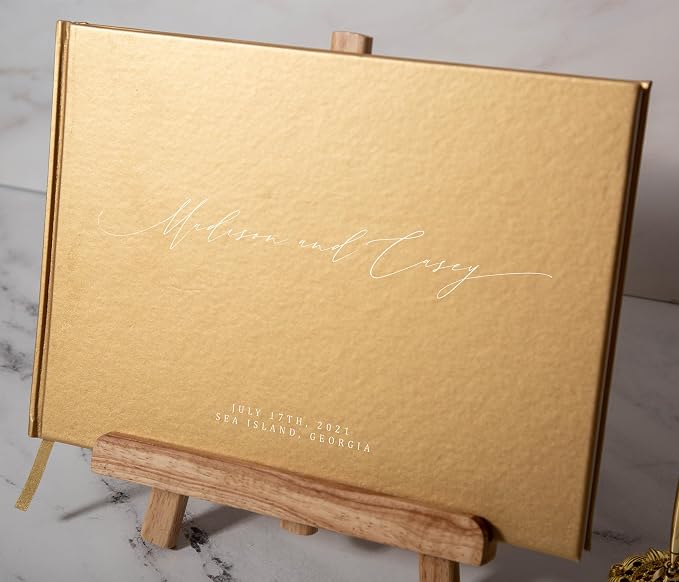 Personalized Guestbook in Gold - Premium Custom Modern Guest Book for Wedding Reception, Birthday Party or Events w/Bookmark Blank Pages for Signing 11.5 x 8.5 inches - Image 7