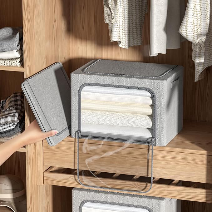 CYhom 4 Pack Clothes Storage Bins with Metal Frame - Linen Fabric Foldable Stackable Container Organizer Set with Clear Window & Carry Handles & Zippers (Light Grey, 23.6"x16.5"x15.7") - Image 3
