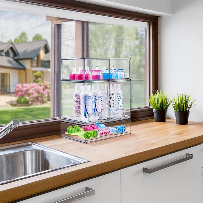Sorbus Stackable Storage Drawers, Clear Acrylic Pull-Out Organizer (6 Pack) | Wide plastic bins hold baby bottles, cosmetics and bathroom supplies on countertops or inside cabinets and pantries. - Image 3