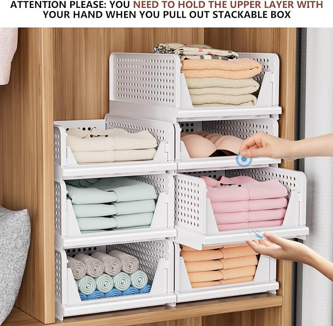 4 Pack Folding Closet Organizers Storage Box, Stackable Storage Bins, Plastic Drawer Basket Closet Storage for Wardrobe Cupboard Kitchen Bathroom Office White-4L | White Stackable Plastic Drawer Bins for Closets, Wardrobes, Kitchens, Bathrooms, Offices - Image 4