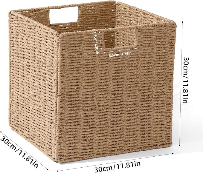 Set of 2 Hand-Woven Paper Rope Wicker Baskets, Storage Basket, Foldable Cube Storage Bins, Natural Color Storage Cubes, Square Baskets for Organizing Shelves Decor, 12x12x12in - Image 2