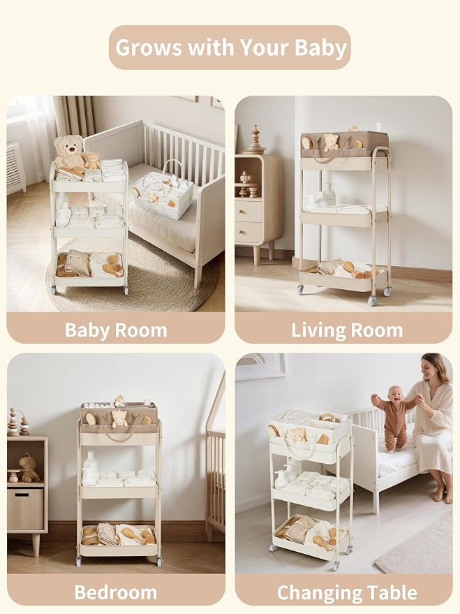 Baby Diaper Caddy, 3 Tier Rolling Cart for Baby Essentials, Beige | Diaper Cart with Detachable Dividers, Nursery Storage & Bottle Organizer, Bedside Caddy for Bedroom and Living Room - Image 6