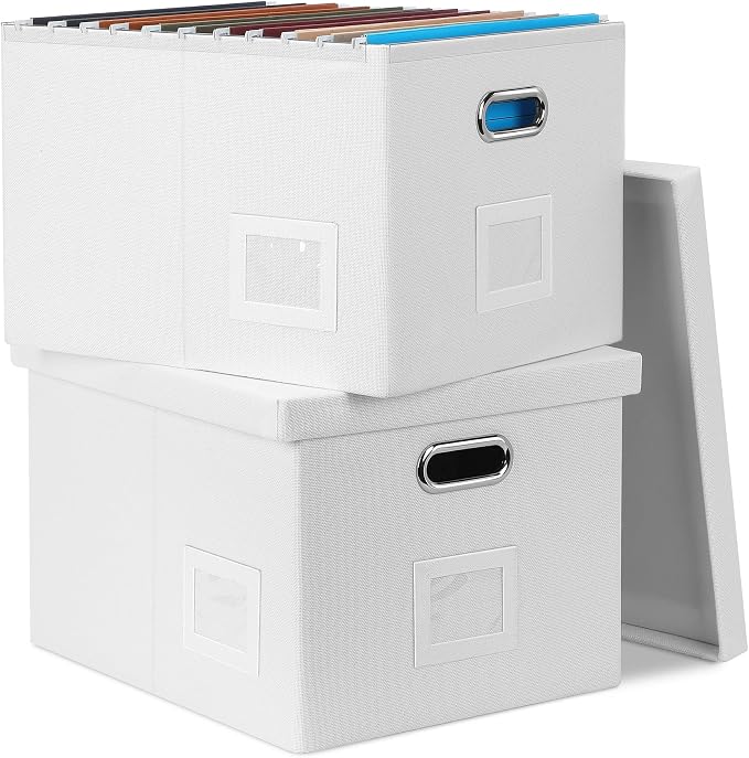 Storage Bins With Lids Office Organization File Folder Organizer Boxes | White, 2 Pack, 15.1" * 12.2" * 10.04", Built-In Handle, Collapsible, Stackable, Dustproof, Linen Fabric, Cardboards by GraciadecoStorage