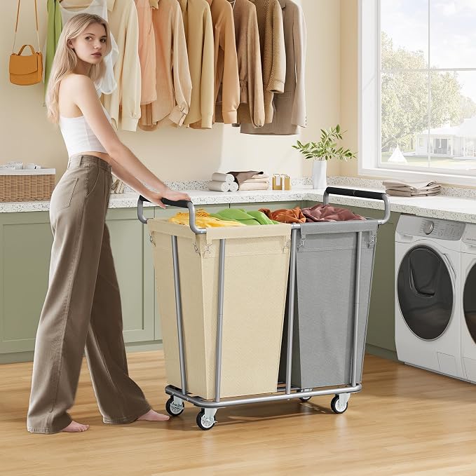 Gewudraw 2 Bag 360L Laundry Baskets with Wheels Heavy Duty | Big Rolling Hamper with Removable Bags, Heavy-Duty Steel Frame, Industrial Laundry Basket Organizer for Laundry Room - Image 2