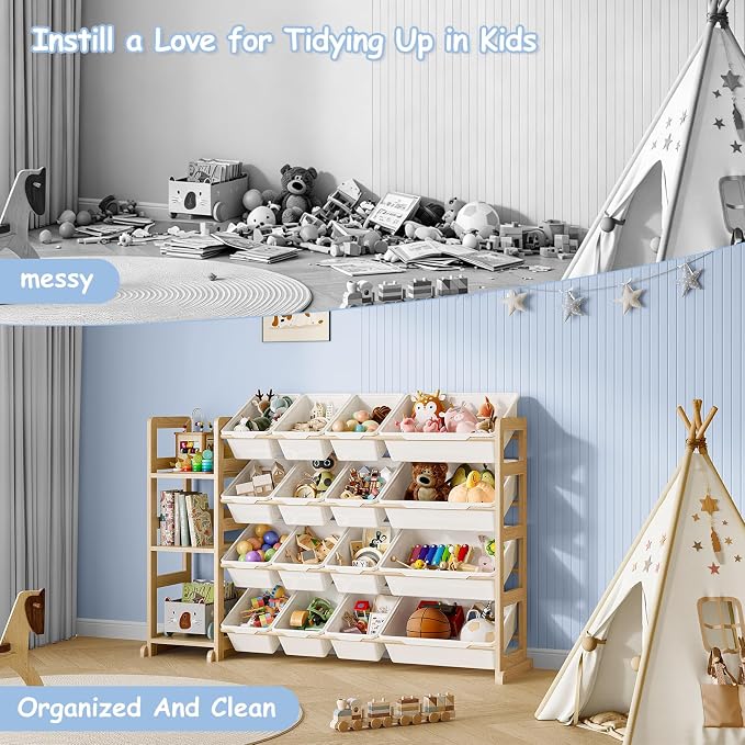 EXPERLAM Toy Storage Organizer, Toy Storage Shelf with 3 Shelves and 16 Storage Bins (12 Small + 4 Large), 3-in-1 Kids Bookshelf for Kids Rooms, Playroom, Nursery, White - Image 8
