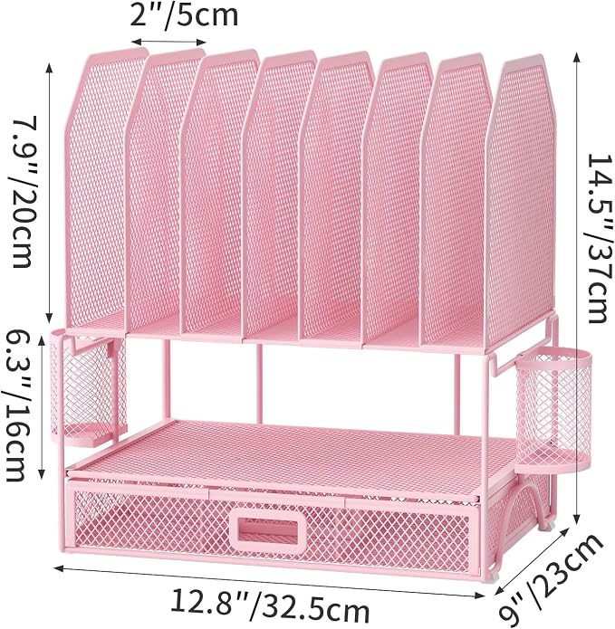 FANXIYQ Metal Desk Organizer with Sliding Drawer, 7-Section File Organizer for Desk, Desktop File Folder & Paper Organizer with 2 Hanging Pen Holders, Office Supplies Organizer, Pink - Image 5
