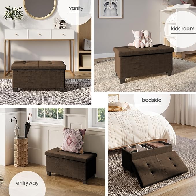 Storage Ottoman Bench with Bins, 30-in Storage Bench for Bedroom End of Bed, Folding Foot Rest Ottoman for Living Room Max 660lbs, Velvet Ottomans, Brown - Image 4