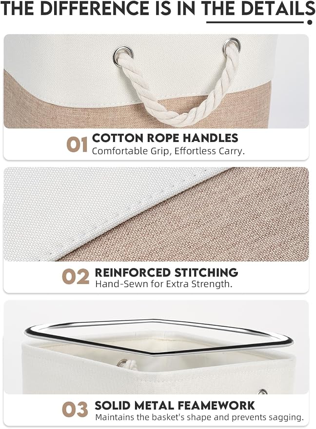 Temary 6-Pack Cube Storage Bins, 11 Inch Foldable Fabric Storage Cubes with Cotton Rope Handles, Sturdy Linen Organizer Baskets with Metal Frame for Shelves, Closet, Nursery (White&Khaki) - Image 3