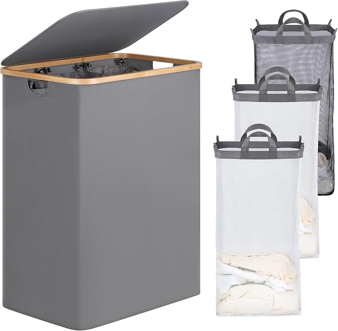 efluky Laundry Hamper with Lid, Trio Laundry Basket with 2 Removable Bags, 3 Section Laundry Bin with Bamboo Handles for Bathroom, Bedroom & Laundry Room, 160L (42.3 Gallon) Silver Grey by efluky
