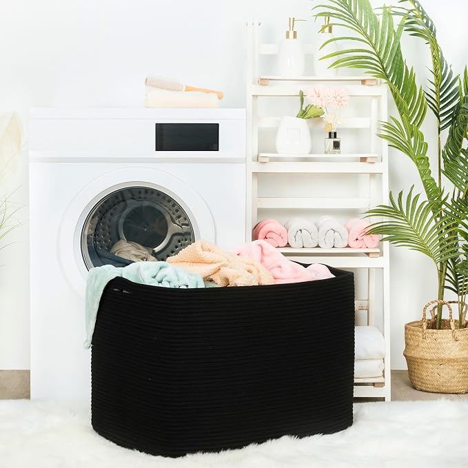 112L Extra Large Blanket Basket Holder Living Room, 25"x17"x16" Rectangle Rope Woven Storage Basket with Handles for Laundry, Pool Towels, Shoes, Dog Toy Organizer Bin Box, Black - Image 3