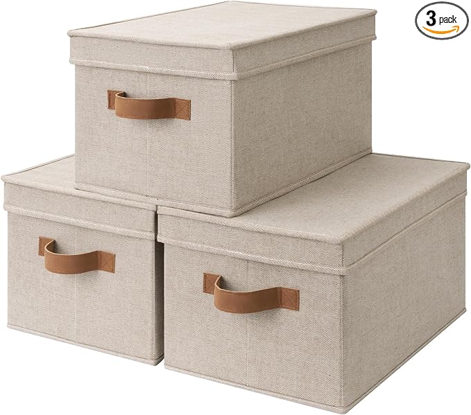StorageWorks Fabric Storage Bins with Lids, Decorative Storage Bins | Lidded Dust-proof, Easy Pull Handles, Foldable, Stackable, Ideal for Clothes Blanket Towel, Large, Brown and Beige, 3-Pack by StorageWorks
